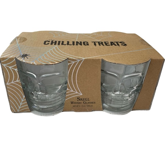 Halloween Skull Whisky Glasses Clear Set of 4 NEW - Picture 1 of 6